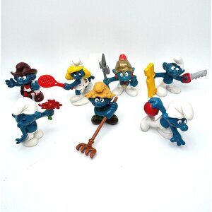Smurf PVC Figures Set of 7 Schleich Peyo Haymaker Bowler Tennis Smurfette Vtg